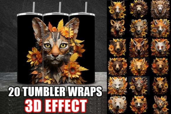 3D Autumn Animals Tumbler Wrap Design Bundle