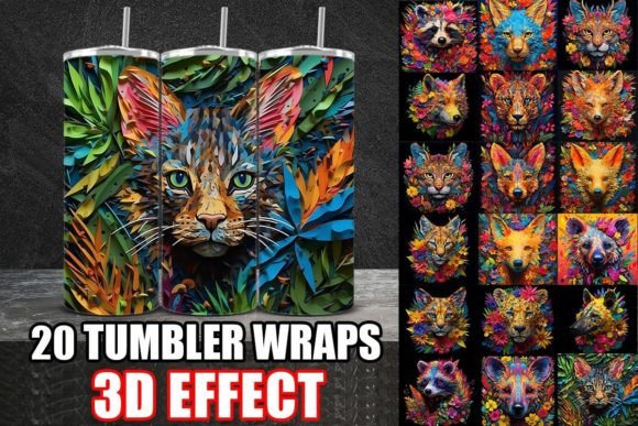 3D Colorful Animals Tumbler Wrap Design Bundle