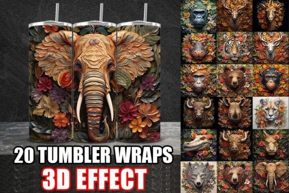 3D Flowers Wild Animals Tumbler Wrap Bundle: Vibrant Design Assets