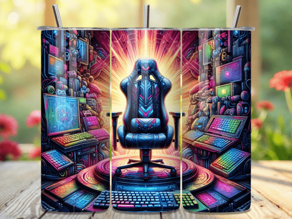 3D Neon Gaming Room Setup Tumbler Wrap